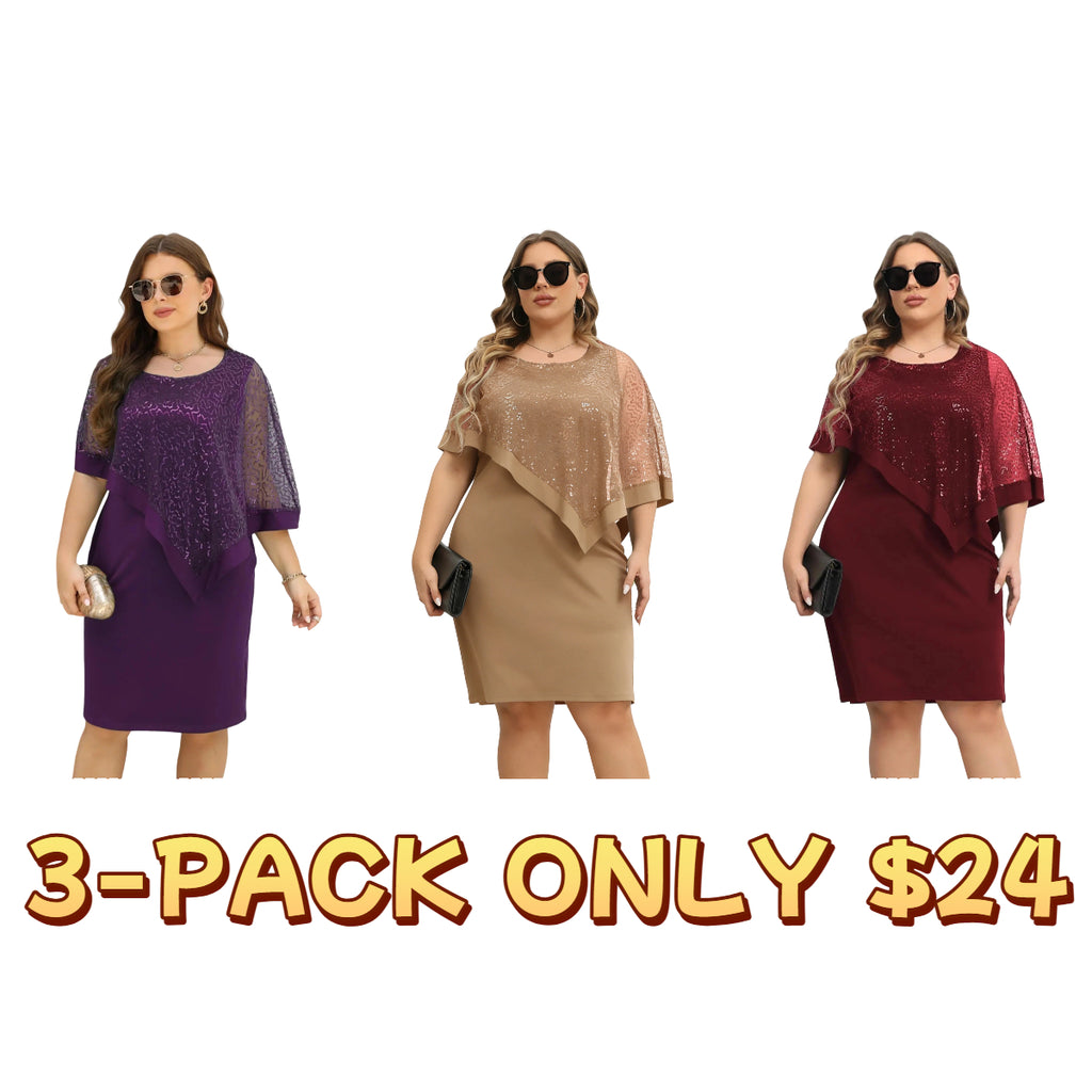 Plus Size Glitter Contrast Sequin Batwing Sleeve Round Neck Dress