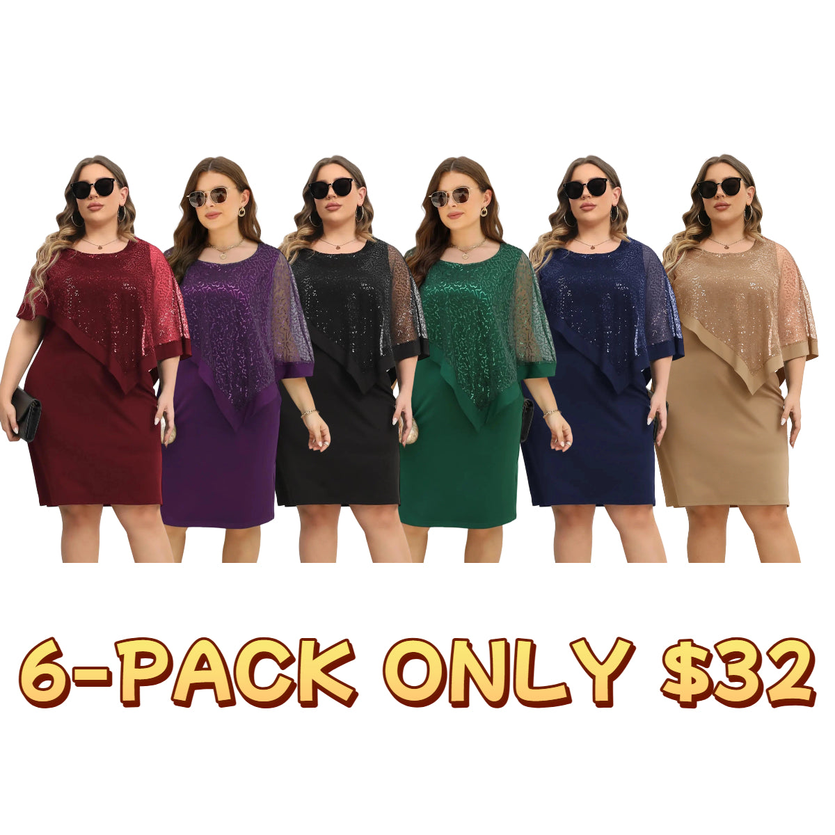 Plus Size Glitter Contrast Sequin Batwing Sleeve Round Neck Dress