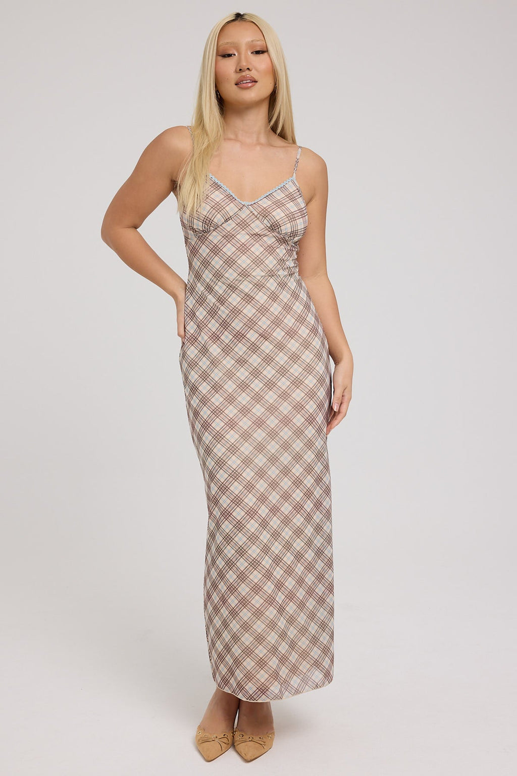Jgr & Stn Jessica Mesh Maxi Dress Tan Check