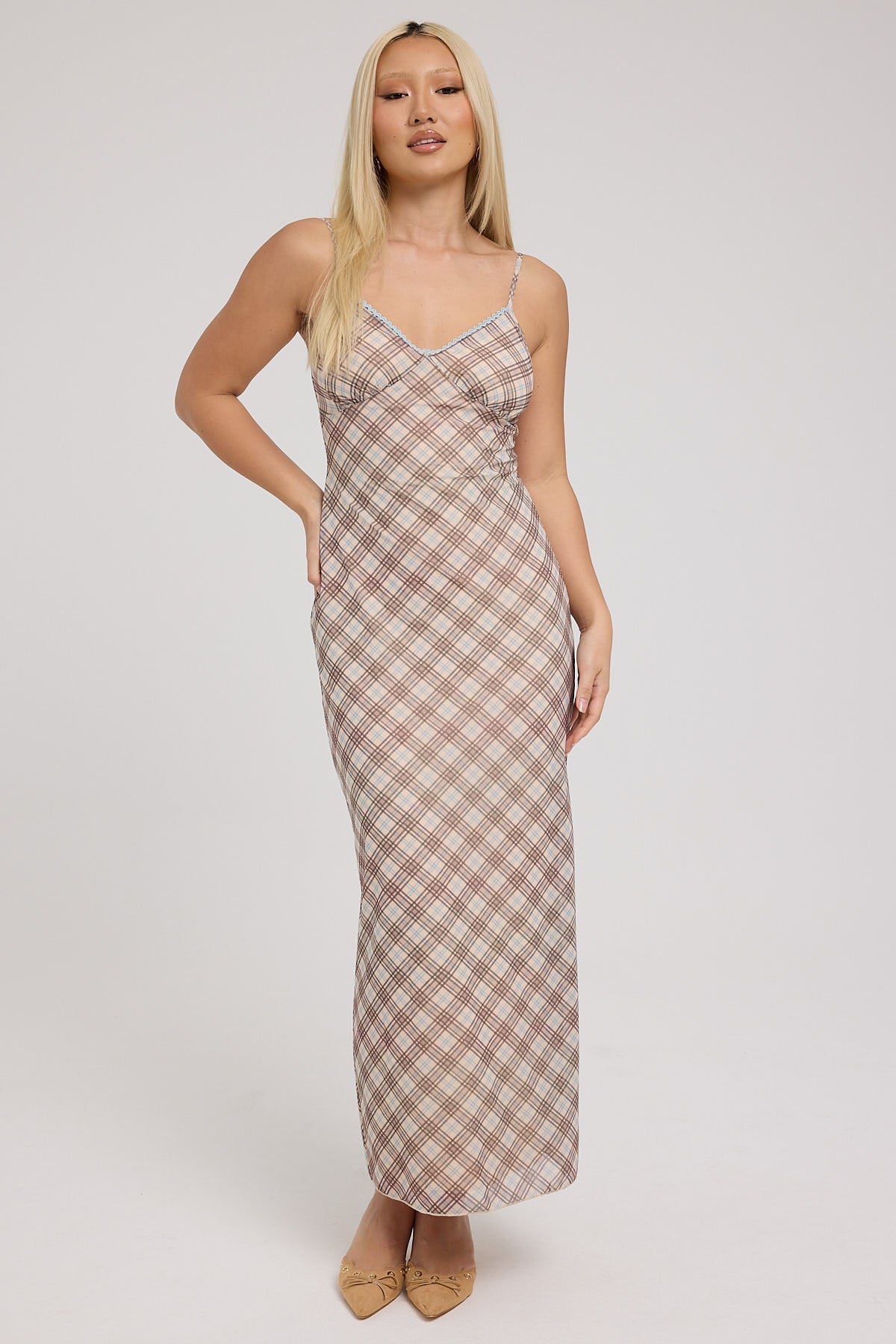 Jgr & Stn Jessica Mesh Maxi Dress Tan Check
