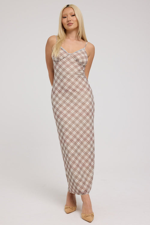 Jgr & Stn Jessica Mesh Maxi Dress Tan Check