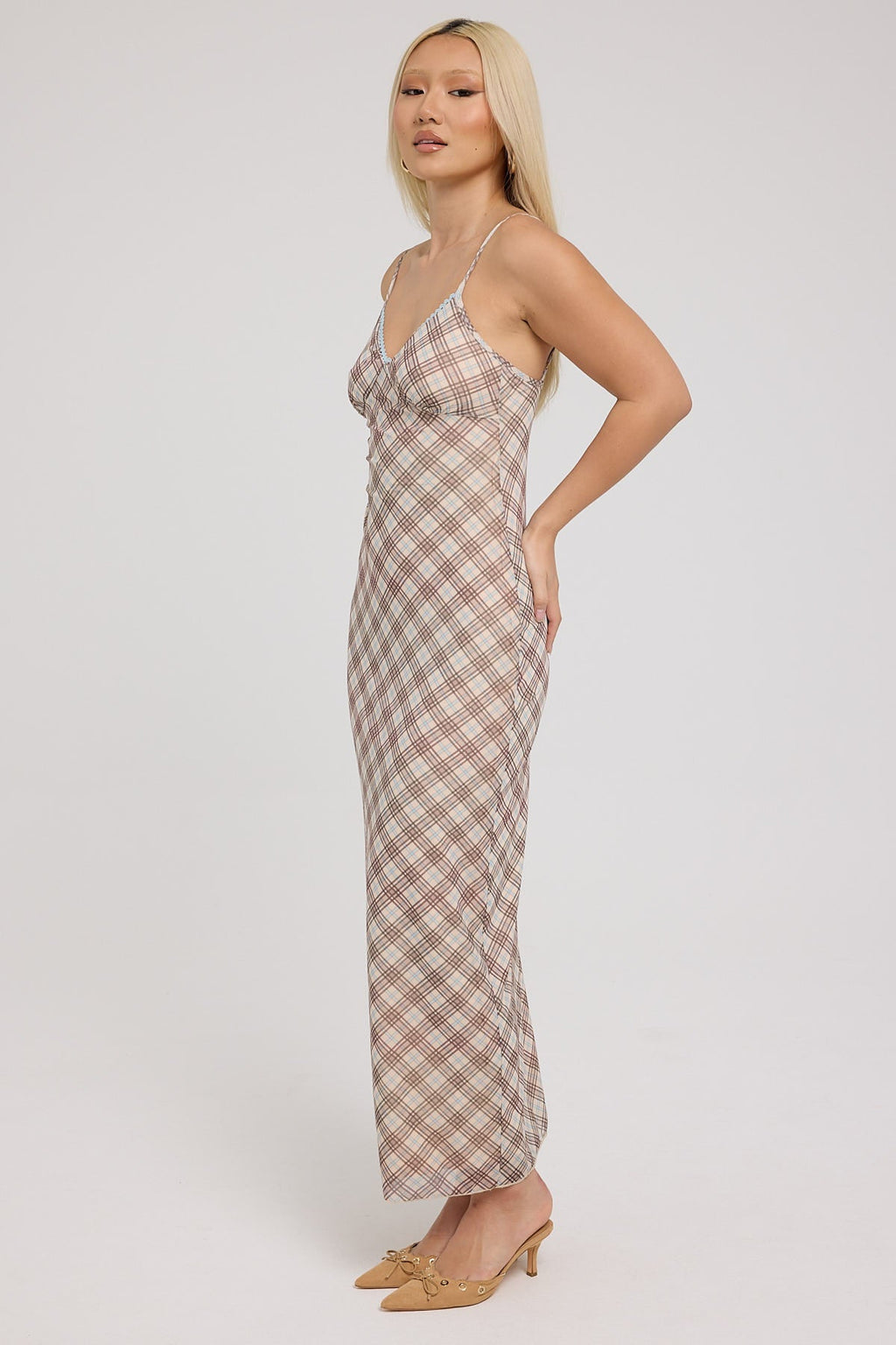 Jgr & Stn Jessica Mesh Maxi Dress Tan Check