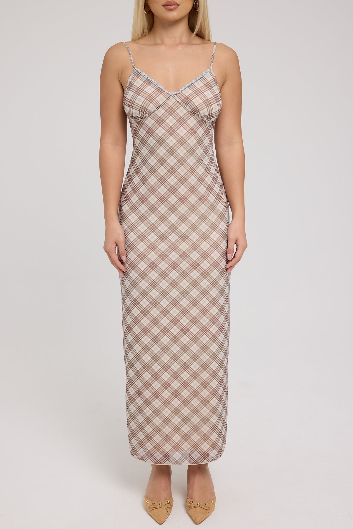 Jgr & Stn Jessica Mesh Maxi Dress Tan Check