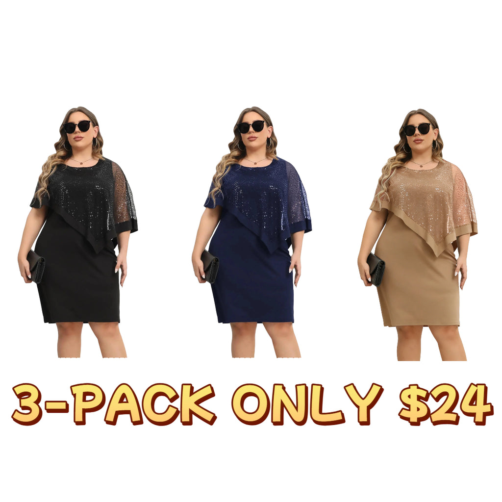 Plus Size Glitter Contrast Sequin Batwing Sleeve Round Neck Dress