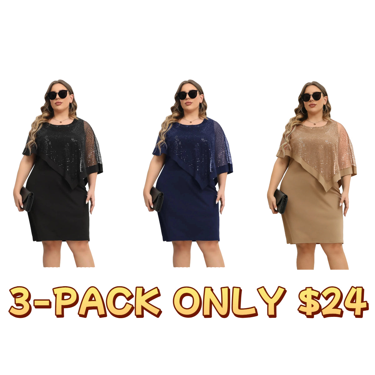 Plus Size Glitter Contrast Sequin Batwing Sleeve Round Neck Dress