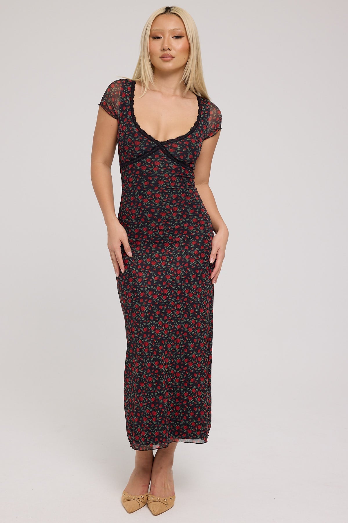 Luck & Trouble Rosie Affair Mesh Midi Dress Floral Print