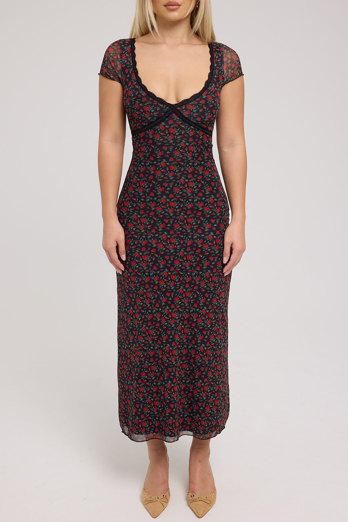 Luck & Trouble Rosie Affair Mesh Midi Dress Floral Print