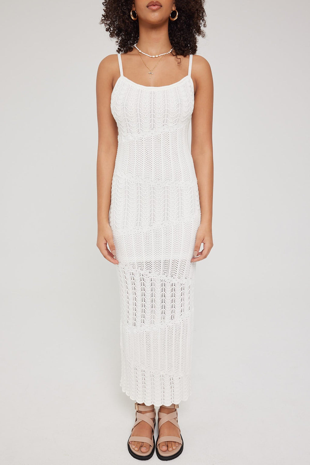 Perfect Stranger ALMA ASYMMETRICAL CROCHET KNIT MIDI DRESS Cream