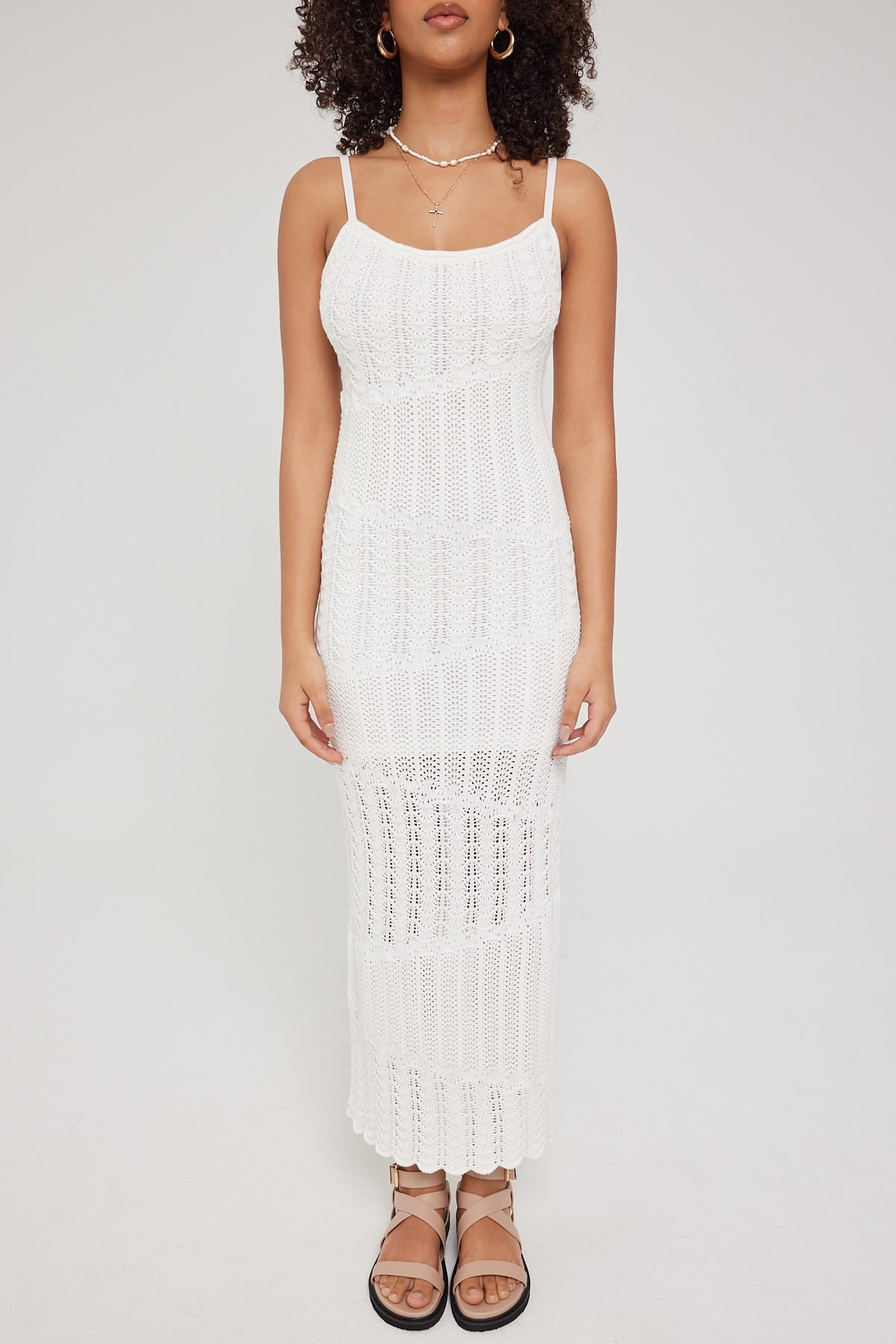 Perfect Stranger ALMA ASYMMETRICAL CROCHET KNIT MIDI DRESS Cream