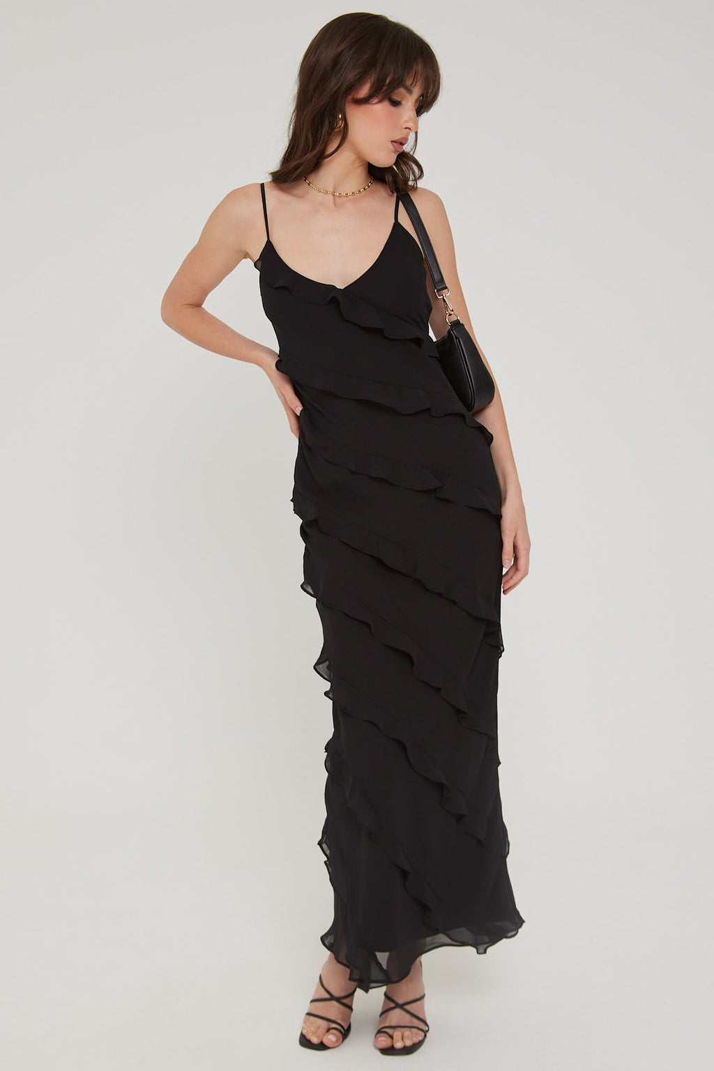 Luck & Trouble CHIFFON RUFFLE MAXI DRESS Black