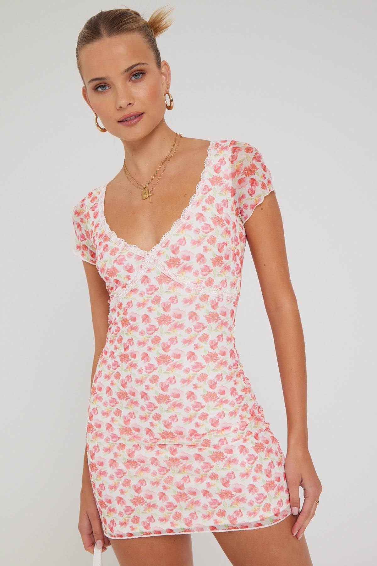 Luck & Trouble Strawberry Swirl Mesh Mini Dress White Print