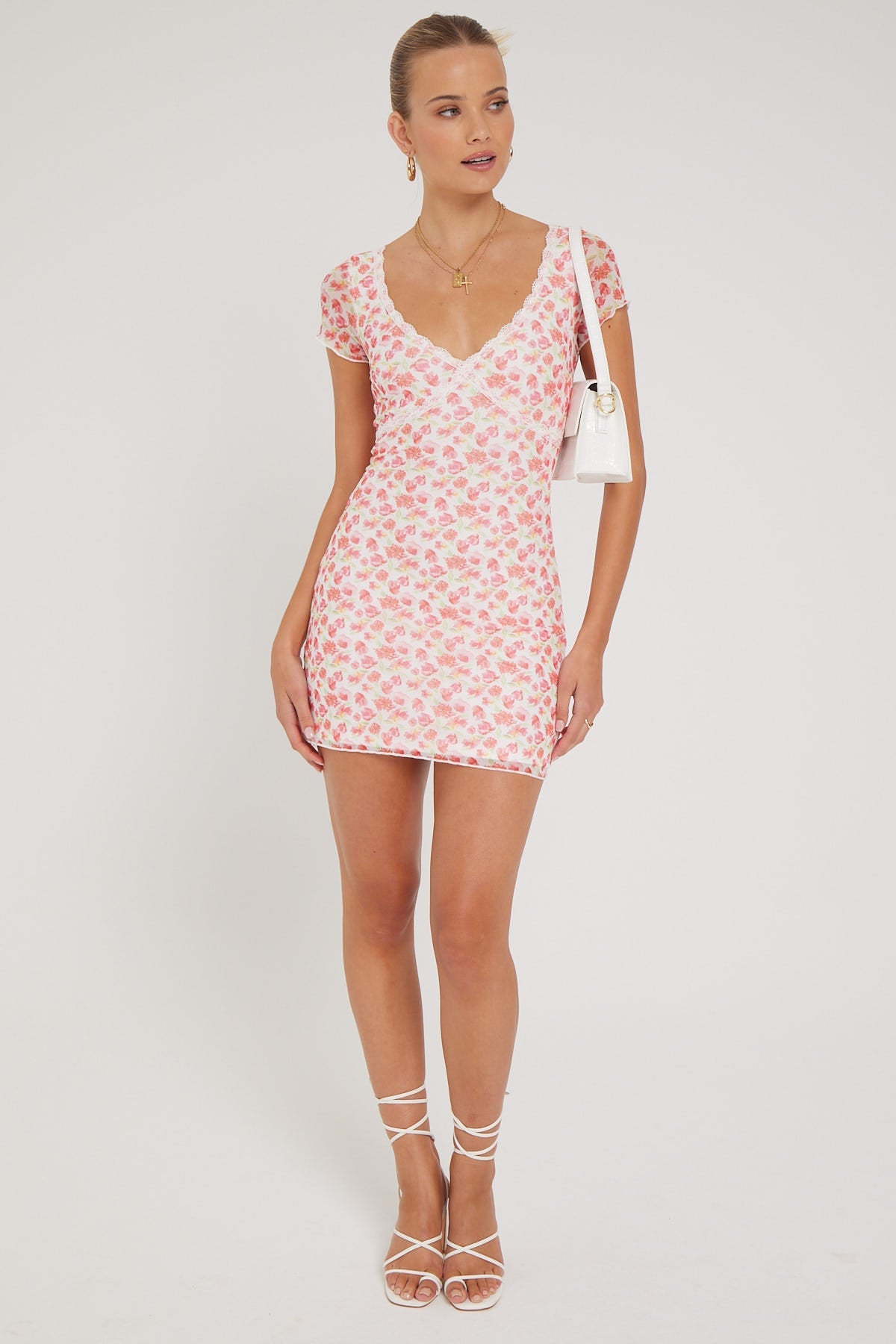 Luck & Trouble Strawberry Swirl Mesh Mini Dress White Print