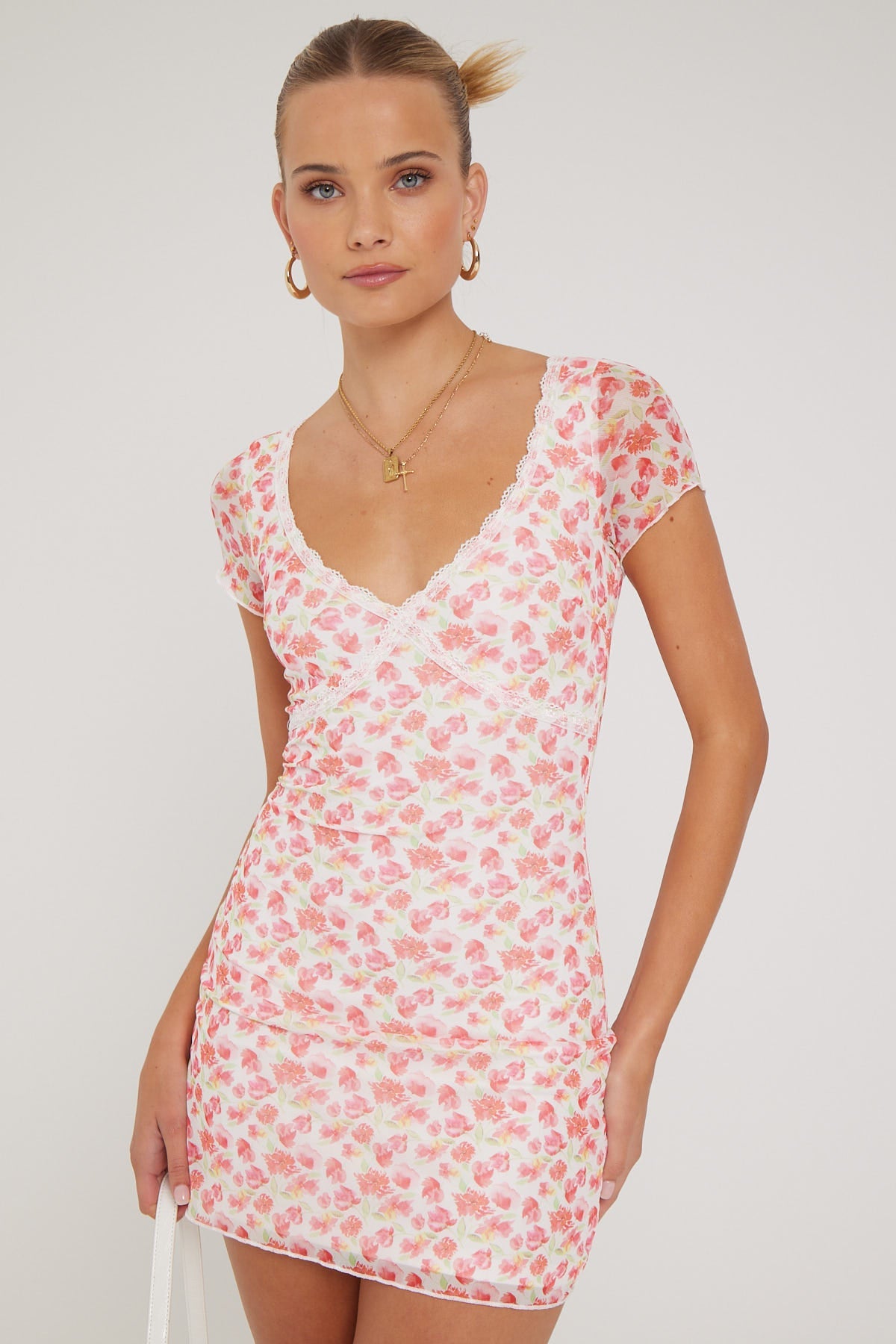 Luck & Trouble Strawberry Swirl Mesh Mini Dress White Print