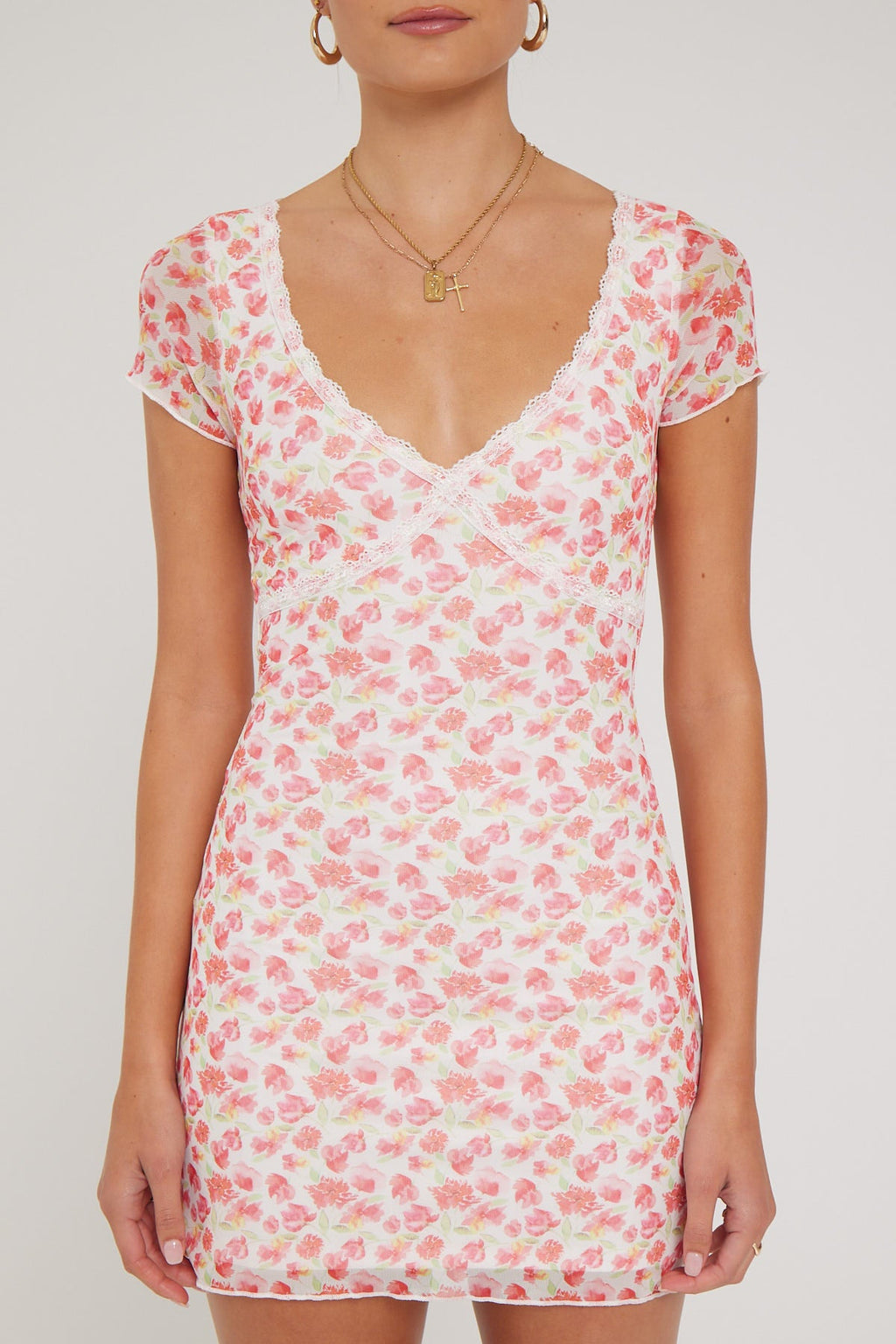 Luck & Trouble Strawberry Swirl Mesh Mini Dress White Print