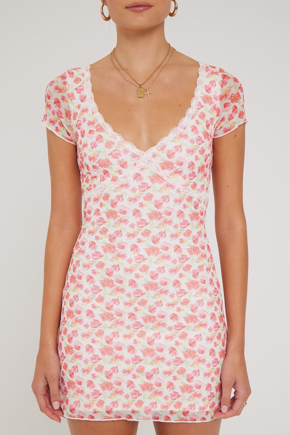 Luck & Trouble Strawberry Swirl Mesh Mini Dress White Print