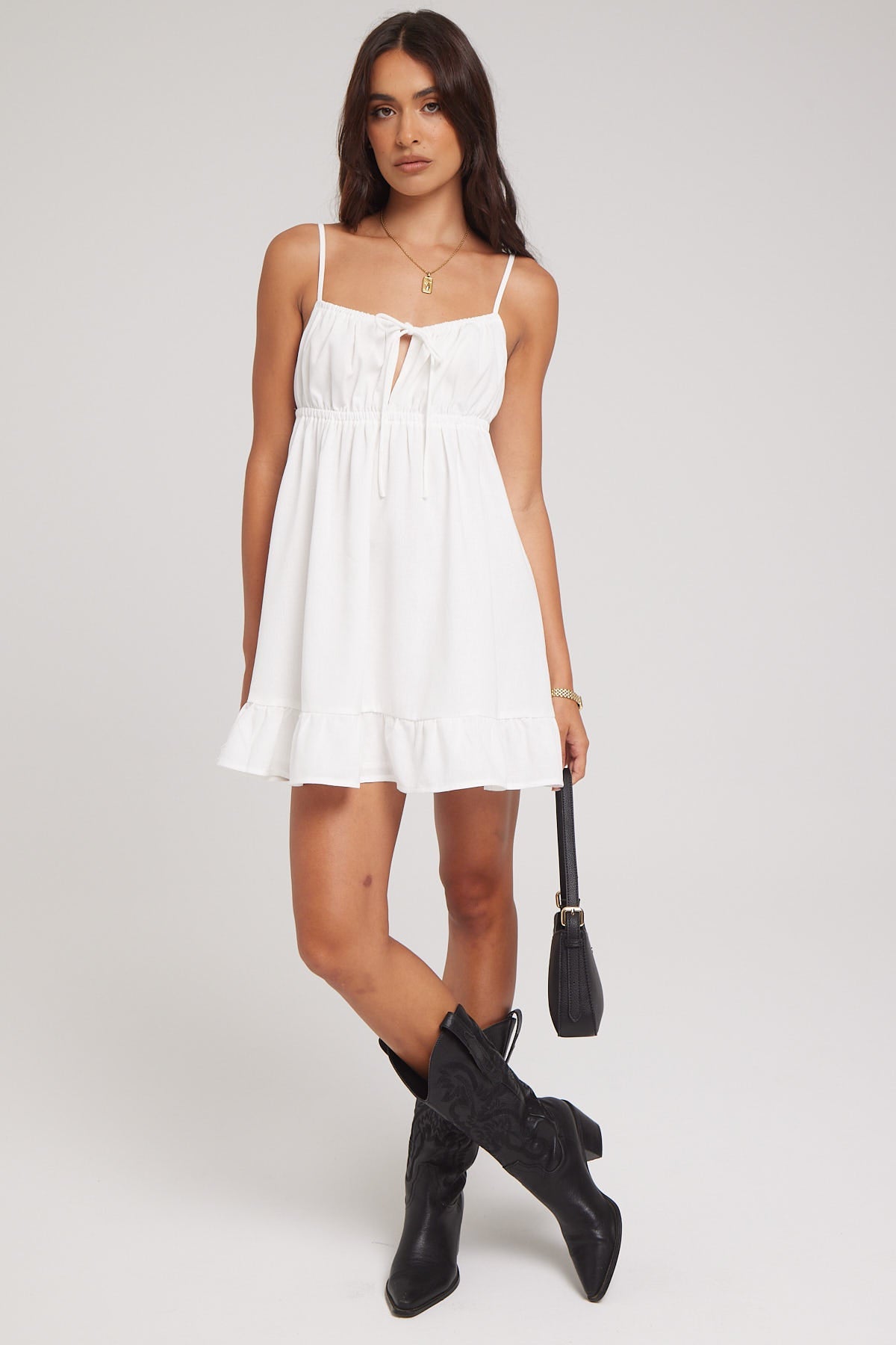 Luck & Trouble Senna Gathered Mini Dress Linen Blend White