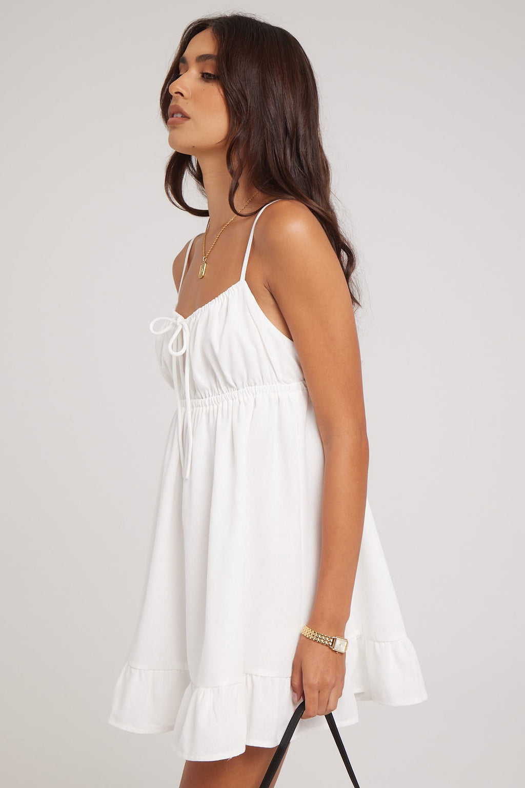 Luck & Trouble Senna Gathered Mini Dress Linen Blend White