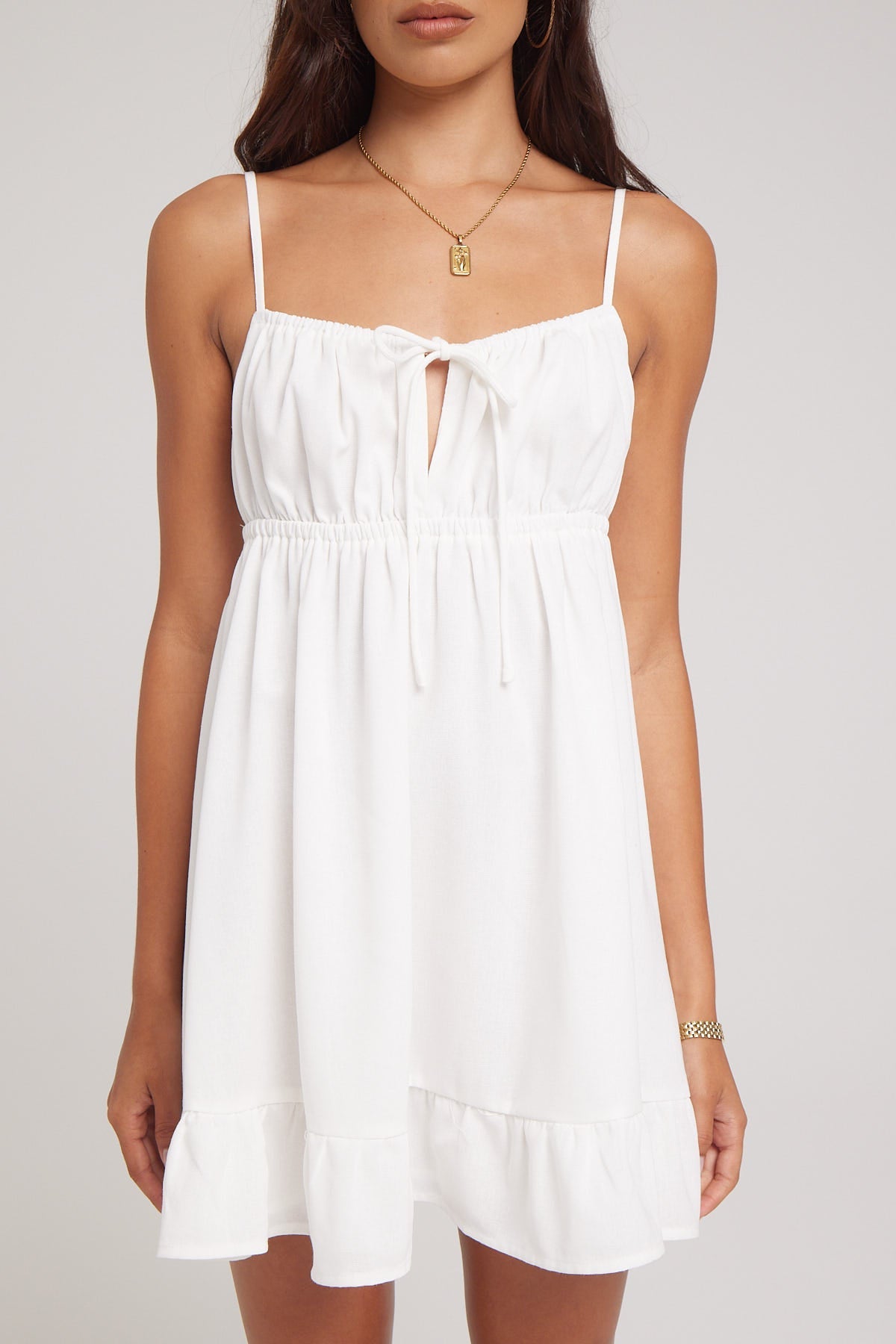 Luck & Trouble Senna Gathered Mini Dress Linen Blend White