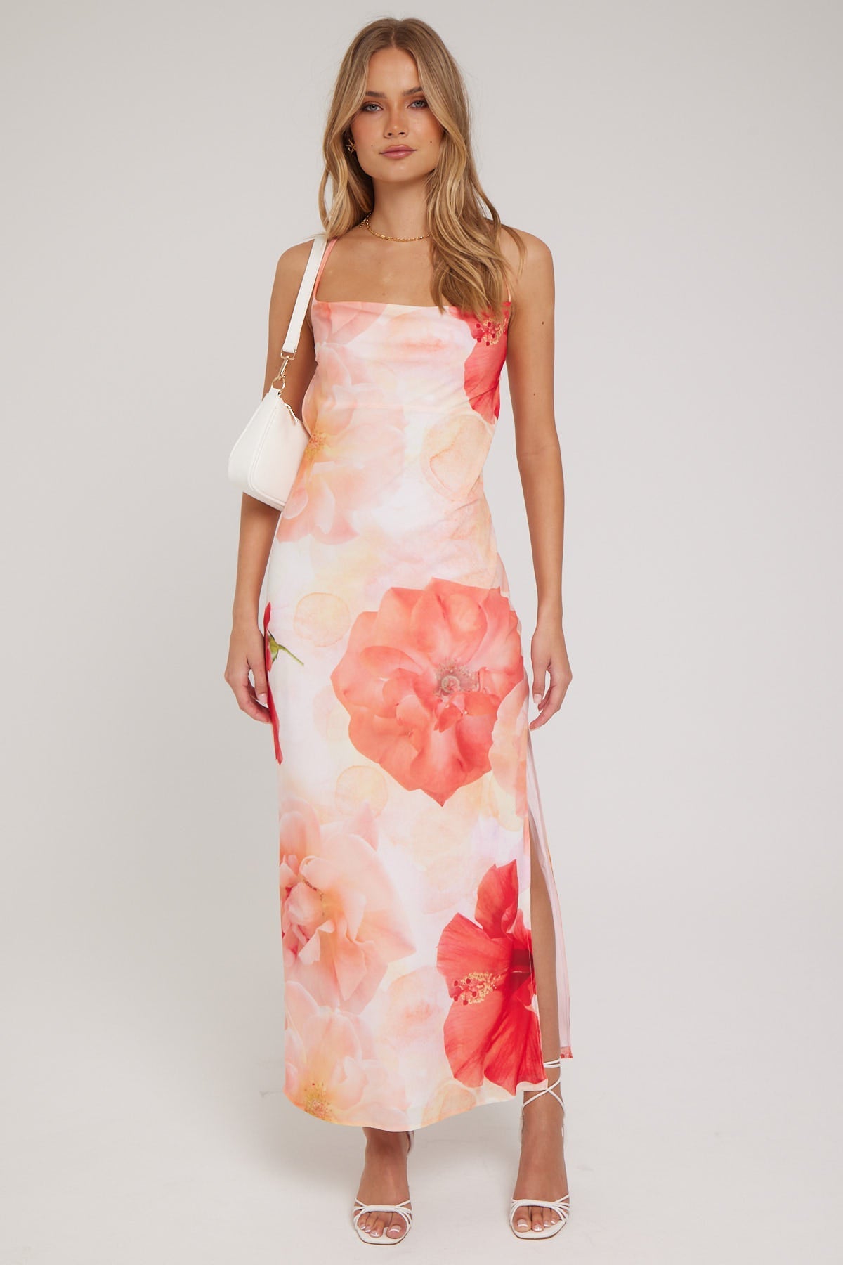 Luck & Trouble Peach Posy Midi Dress Pink Print