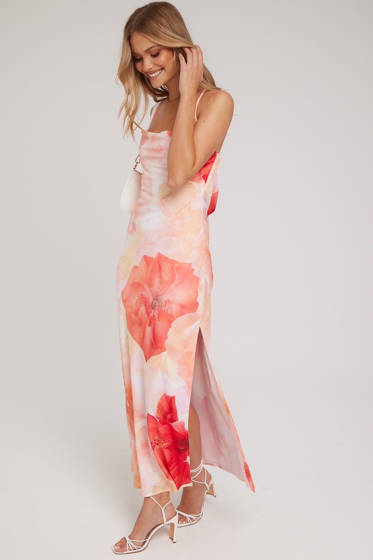 Luck & Trouble Peach Posy Midi Dress Pink Print