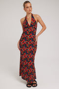 Luck & Trouble Serene Bloom Halter Midi Dress Black Print