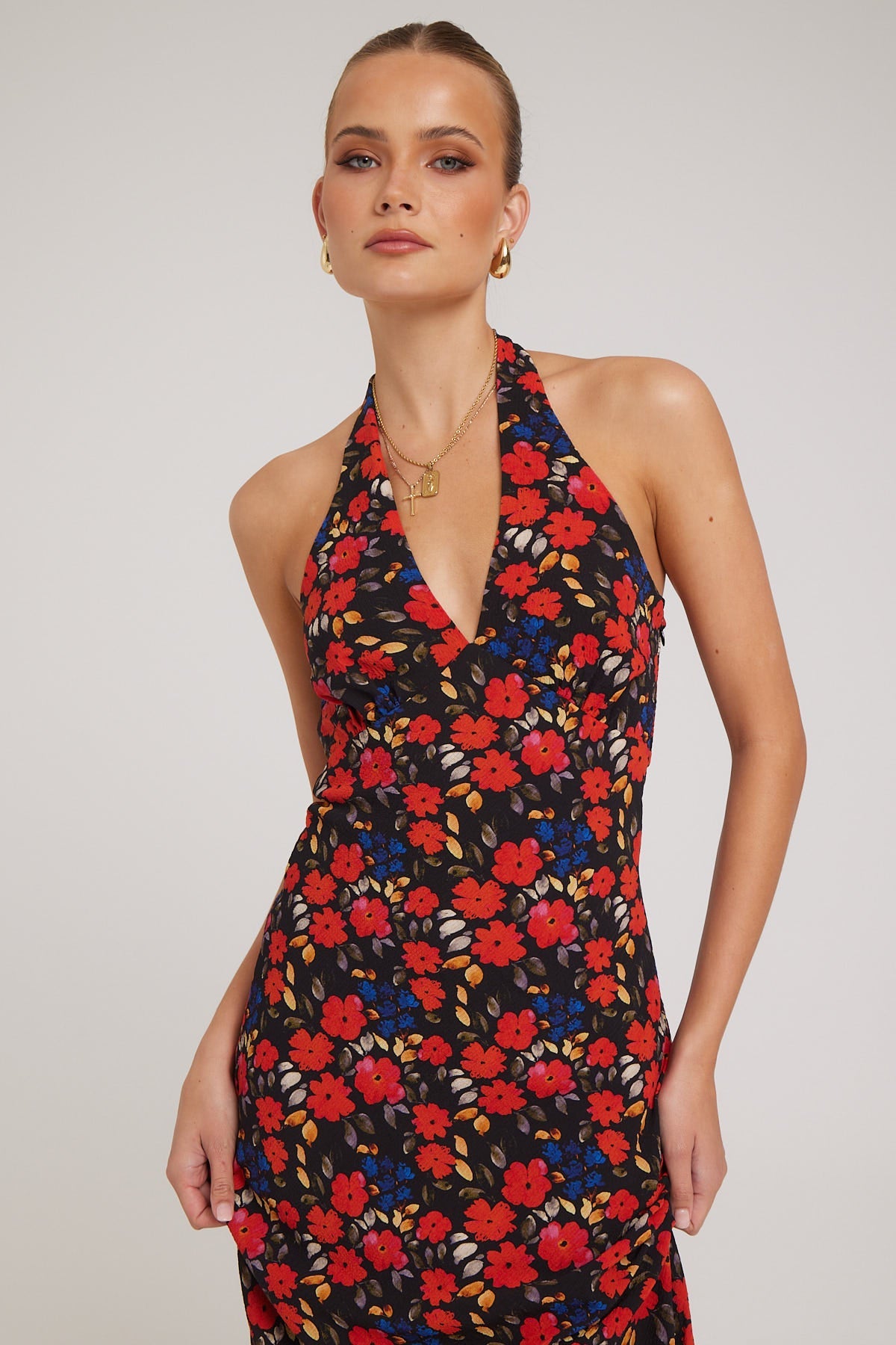 Luck & Trouble Serene Bloom Halter Midi Dress Black Print