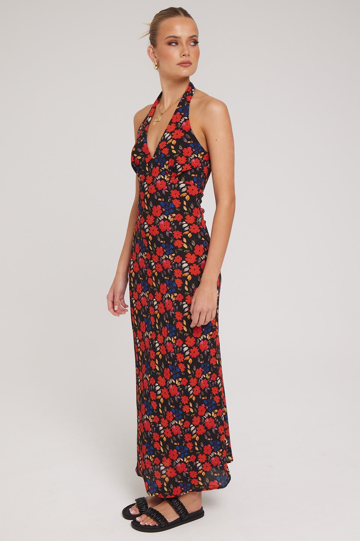 Luck & Trouble Serene Bloom Halter Midi Dress Black Print