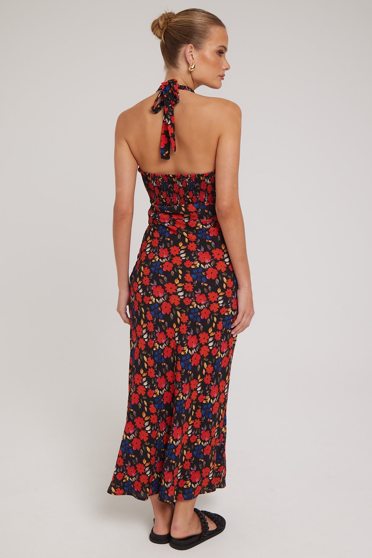 Luck & Trouble Serene Bloom Halter Midi Dress Black Print