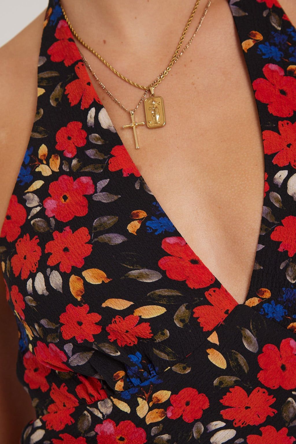 Luck & Trouble Serene Bloom Halter Midi Dress Black Print