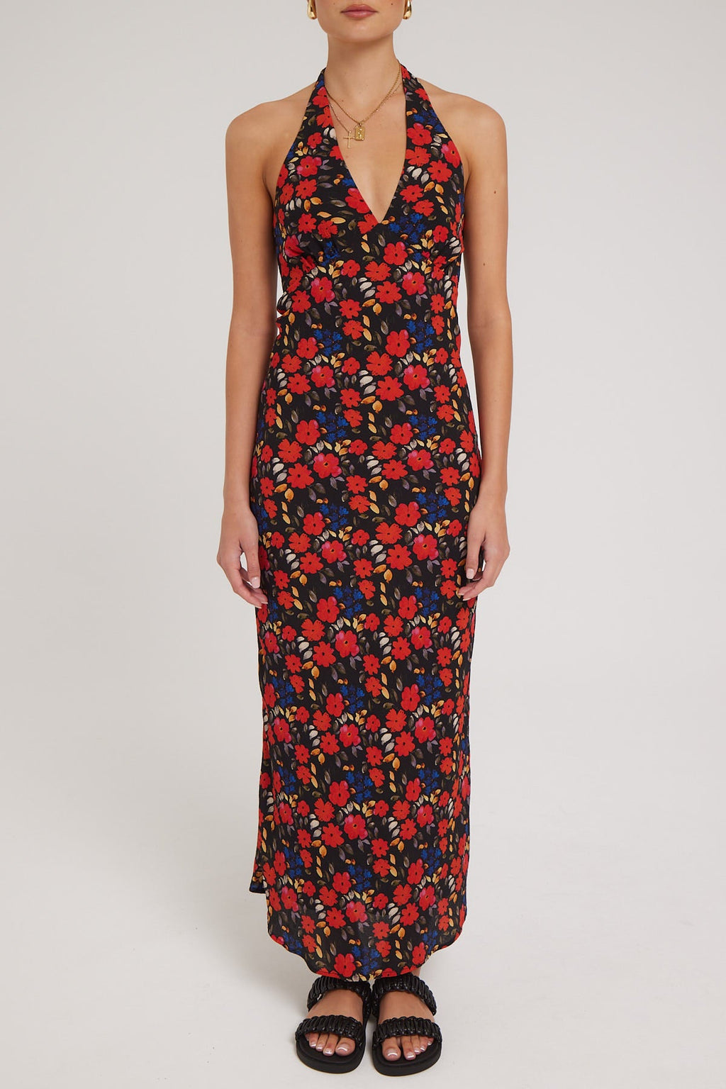 Luck & Trouble Serene Bloom Halter Midi Dress Black Print