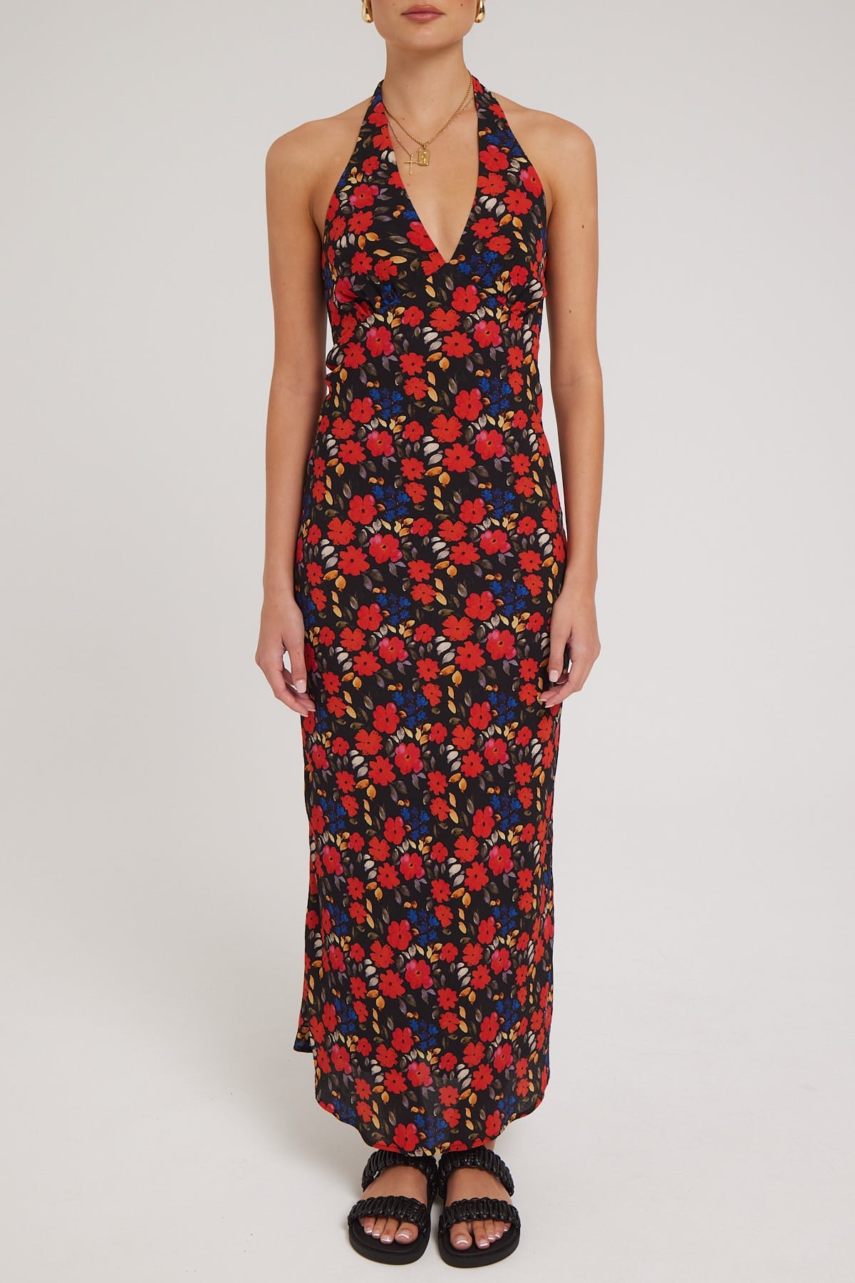 Luck & Trouble Serene Bloom Halter Midi Dress Black Print