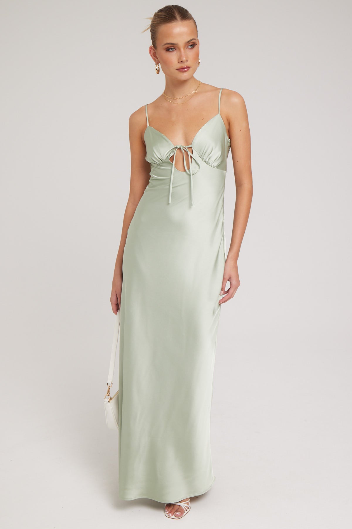 Luck & Trouble Sammy Tie Front Satin Maxi Dress Sage