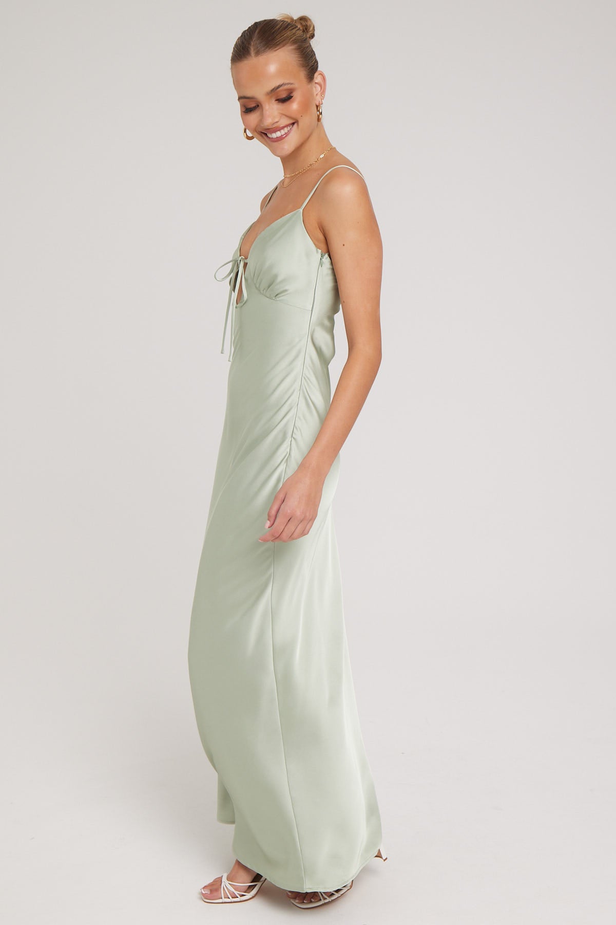 Luck & Trouble Sammy Tie Front Satin Maxi Dress Sage