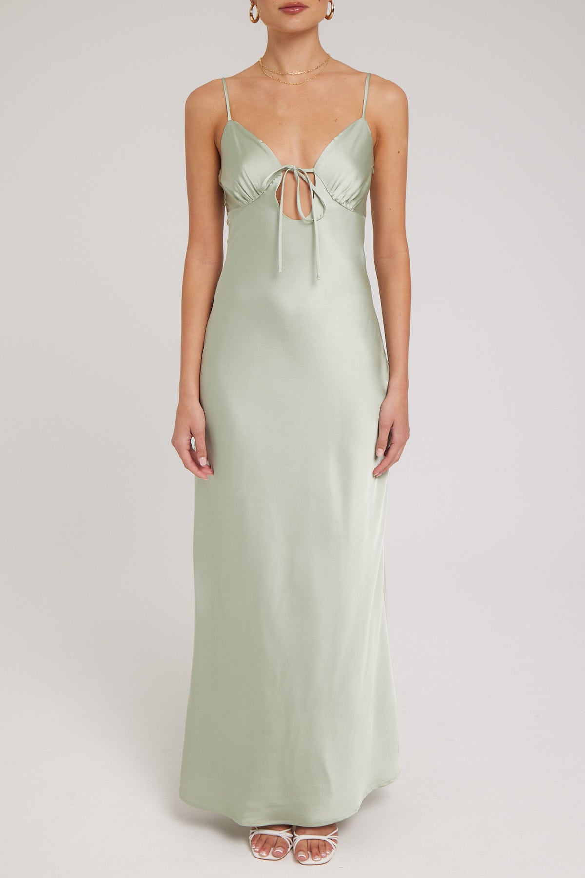 Luck & Trouble Sammy Tie Front Satin Maxi Dress Sage