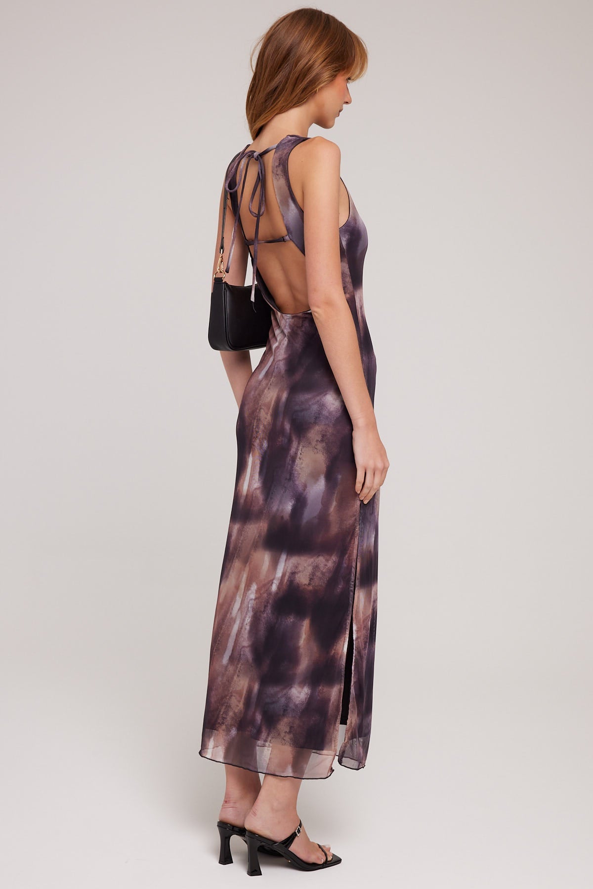 Luck & Trouble Cascade High Neck Recycled Mesh Midi Dress Brown Print