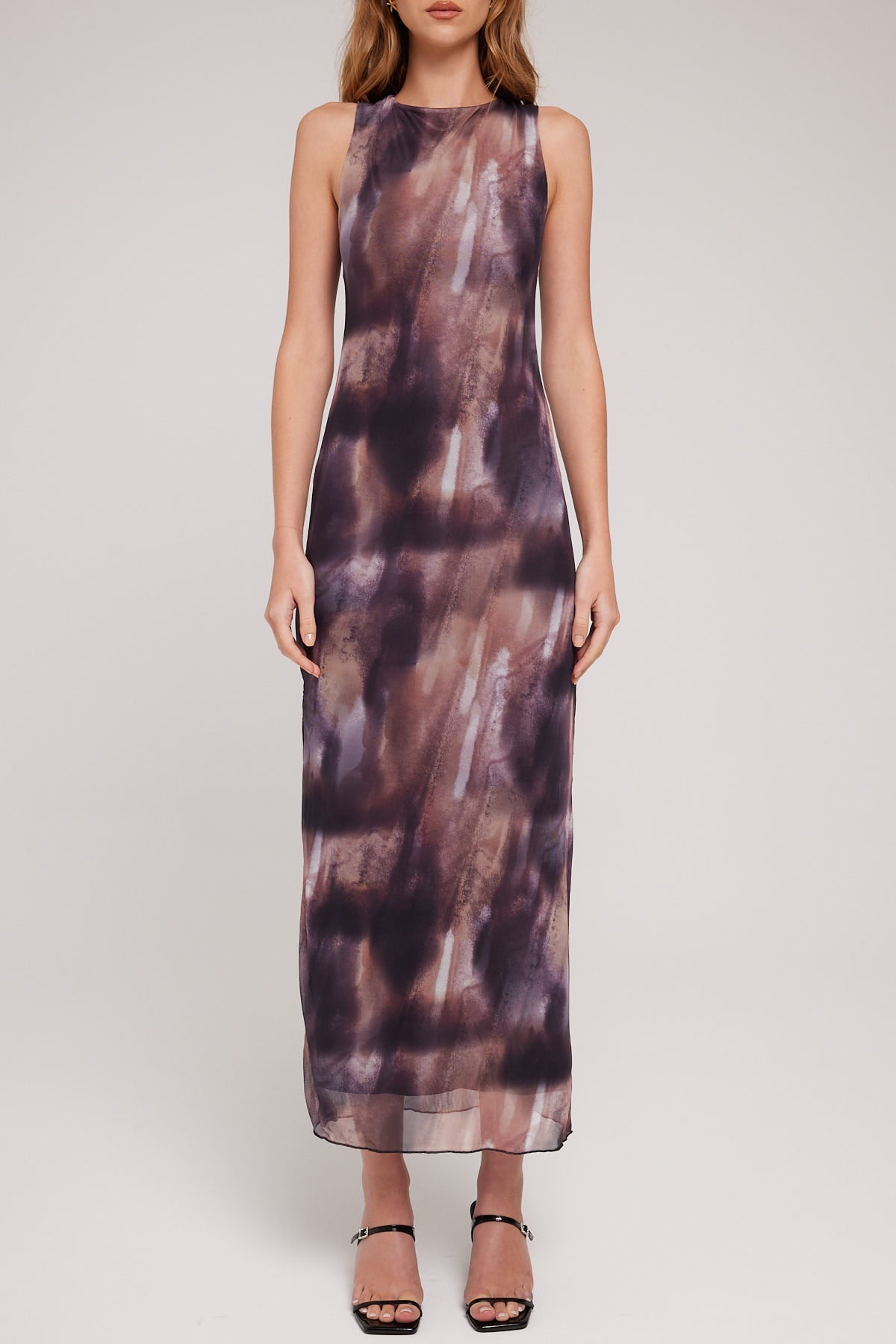 Luck & Trouble Cascade High Neck Recycled Mesh Midi Dress Brown Print