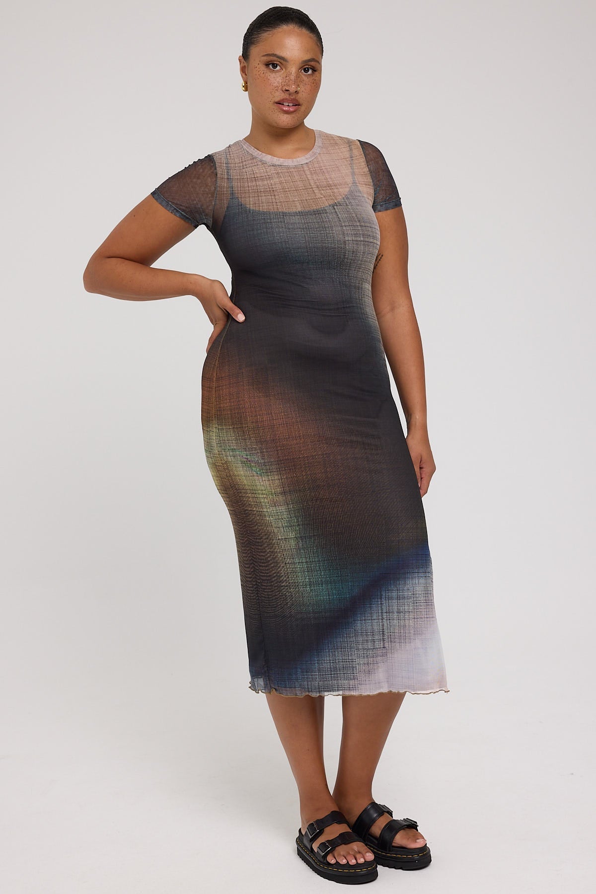 Luck & Trouble Jazel Recycled Mesh Midi Dress Black Print