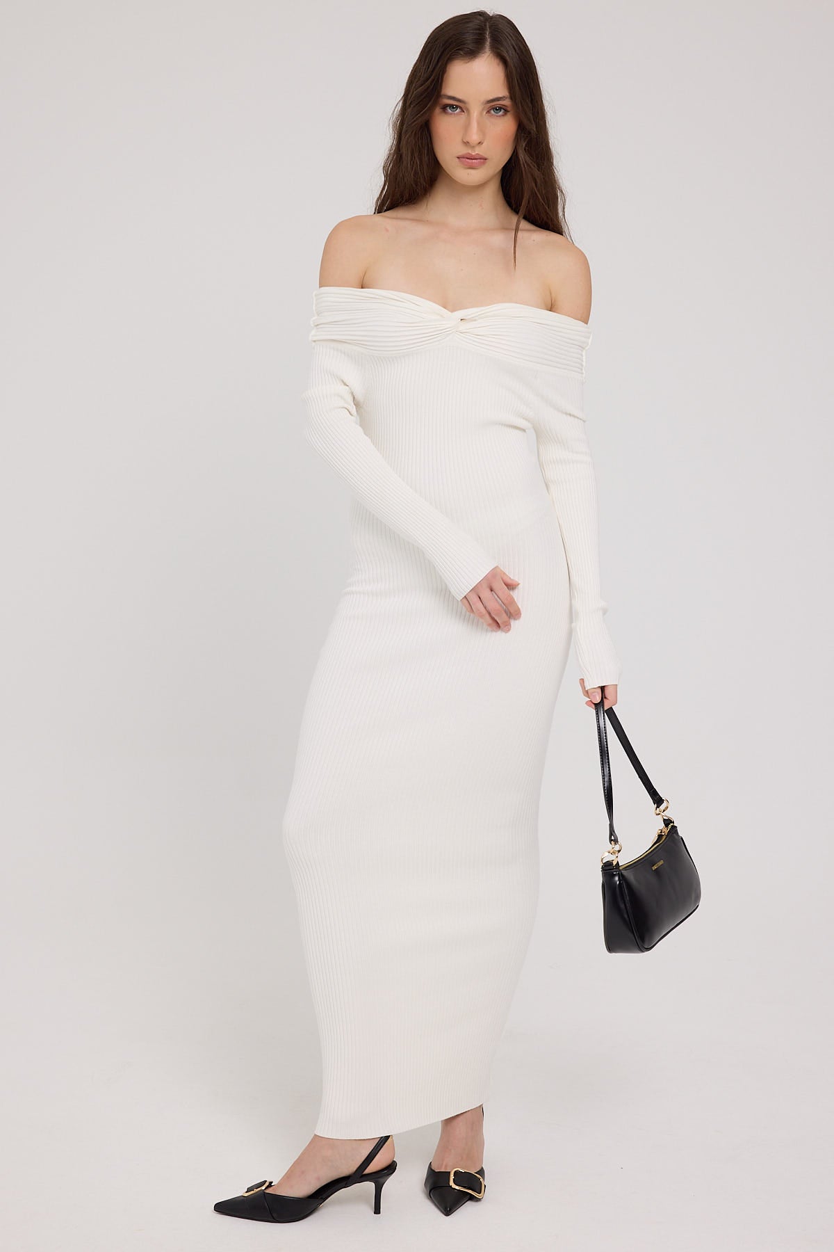 Luck & Trouble Twist Off Shoulder Knit Midi Dress White