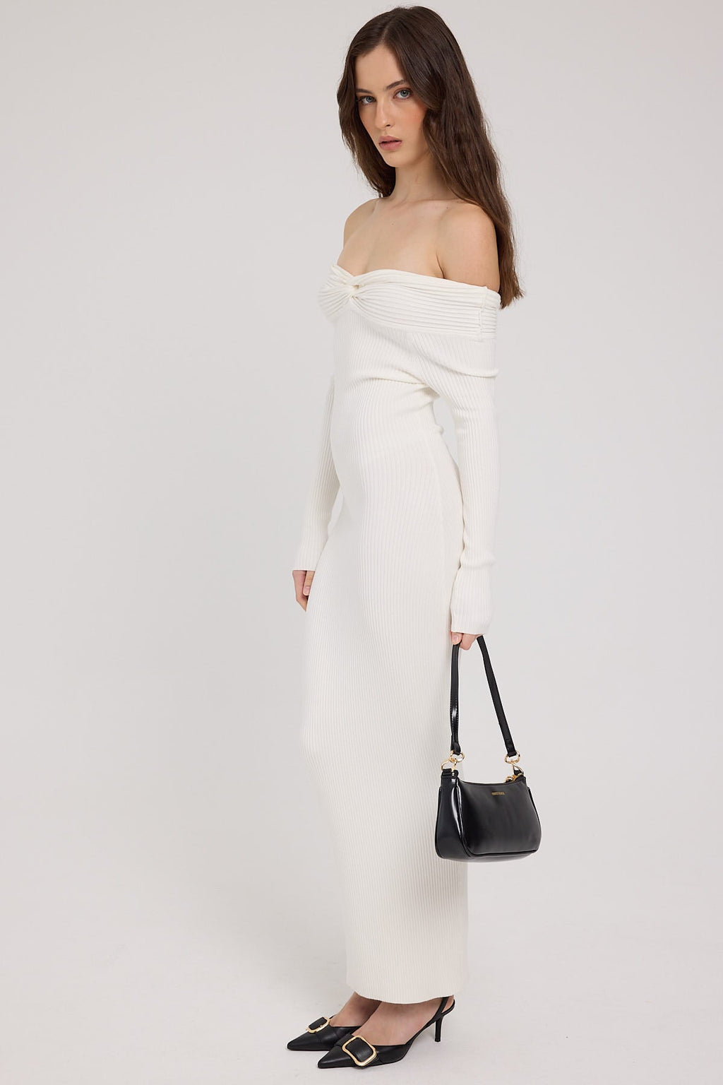 Luck & Trouble Twist Off Shoulder Knit Midi Dress White