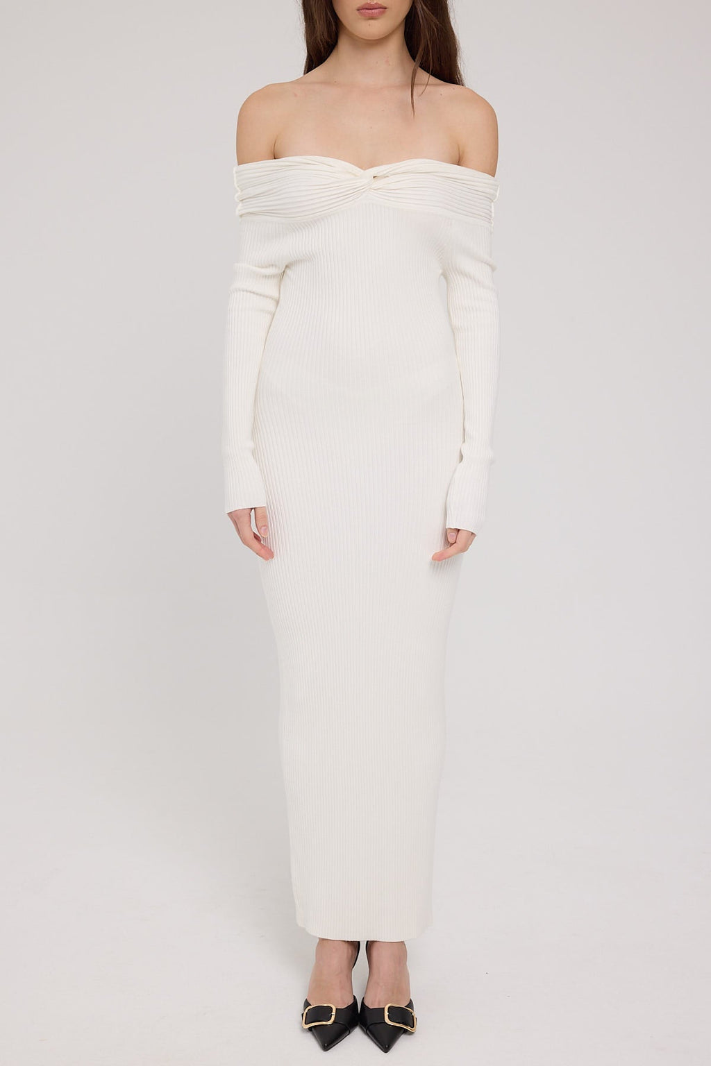 Luck & Trouble Twist Off Shoulder Knit Midi Dress White