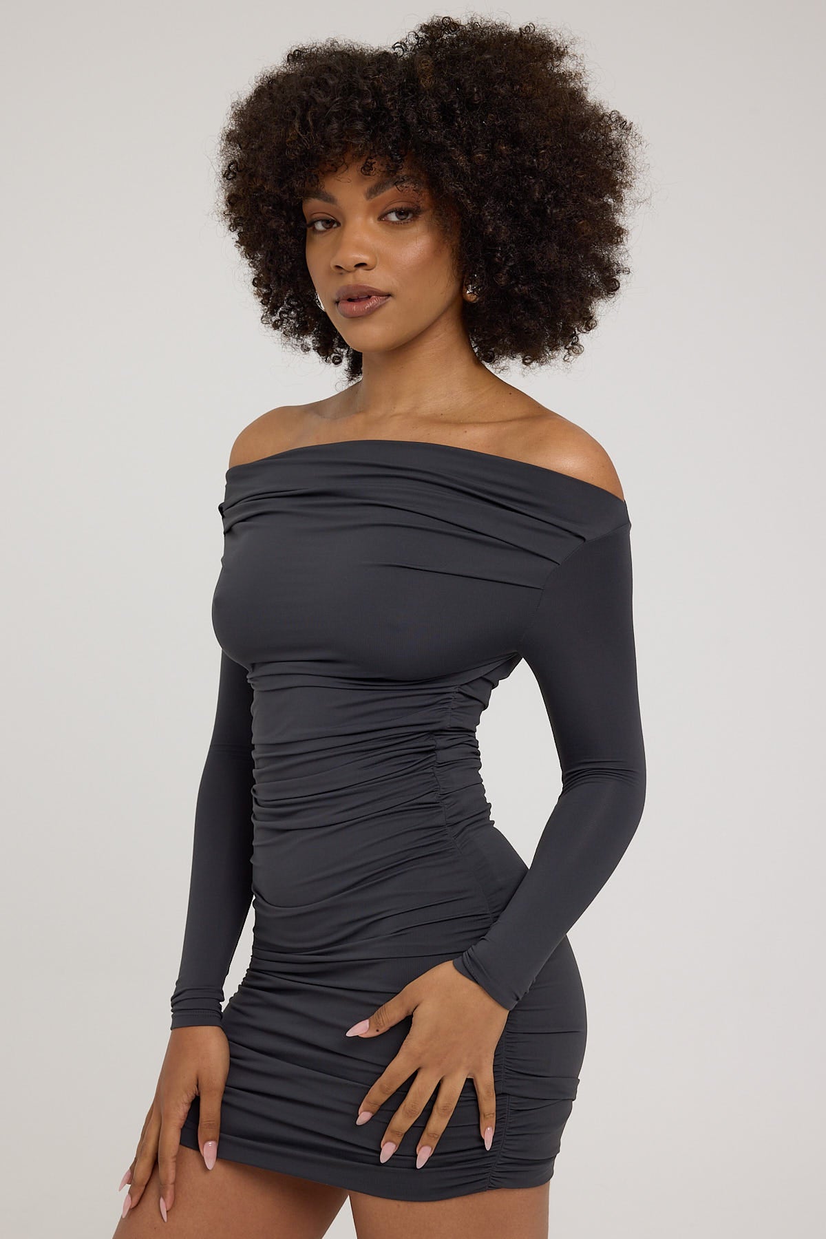 Luck & Trouble Raquel Ruched Long Sleeve Mini Dress Charcoal