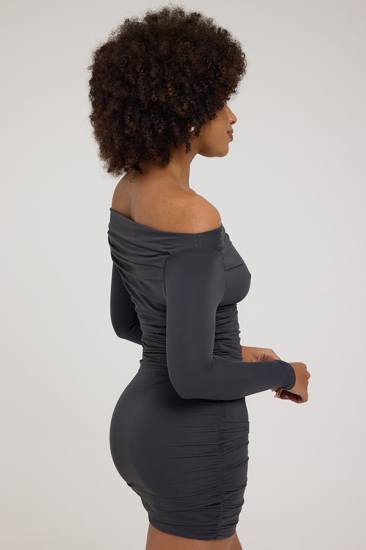 Luck & Trouble Raquel Ruched Long Sleeve Mini Dress Charcoal