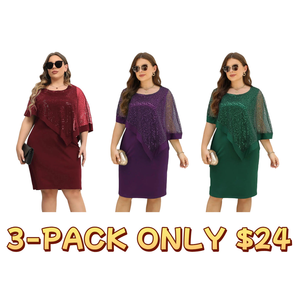 Plus Size Glitter Contrast Sequin Batwing Sleeve Round Neck Dress