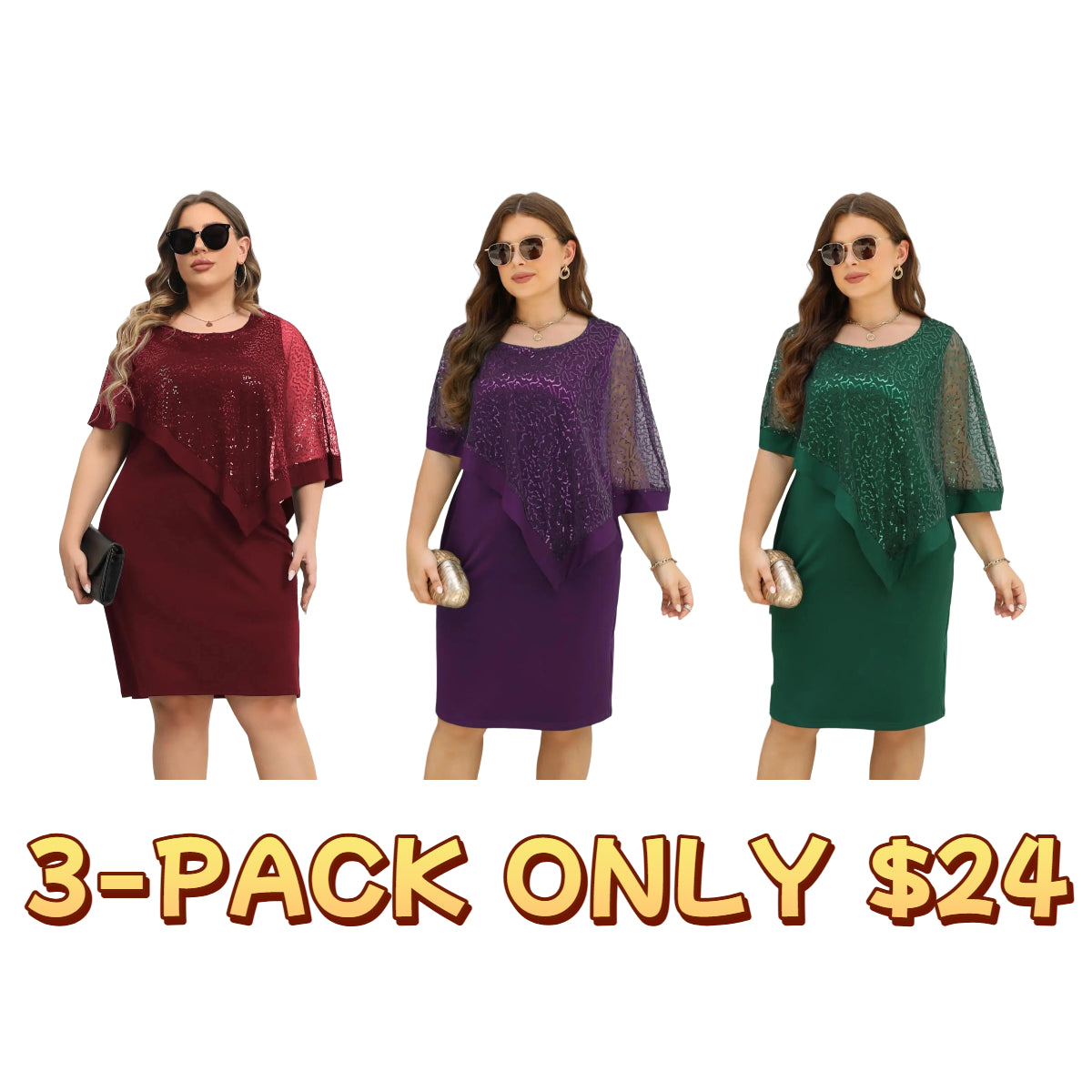 Plus Size Glitter Contrast Sequin Batwing Sleeve Round Neck Dress