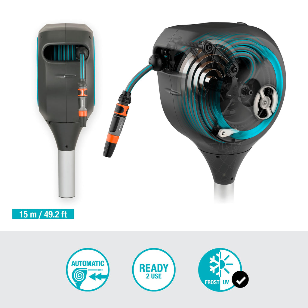 Automatic Retractable Garden Hose Reel on Metal Spike with 360° swivel