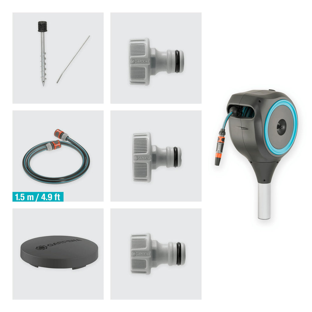 Automatic Retractable Garden Hose Reel on Metal Spike with 360° swivel