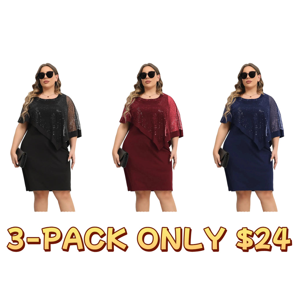 Plus Size Glitter Contrast Sequin Batwing Sleeve Round Neck Dress